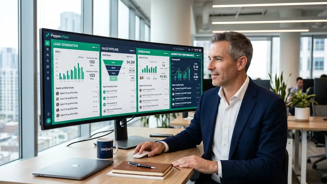Executive growth dashboard showing four integrated AI-powered B2B pillars and revenue scaling without headcount
