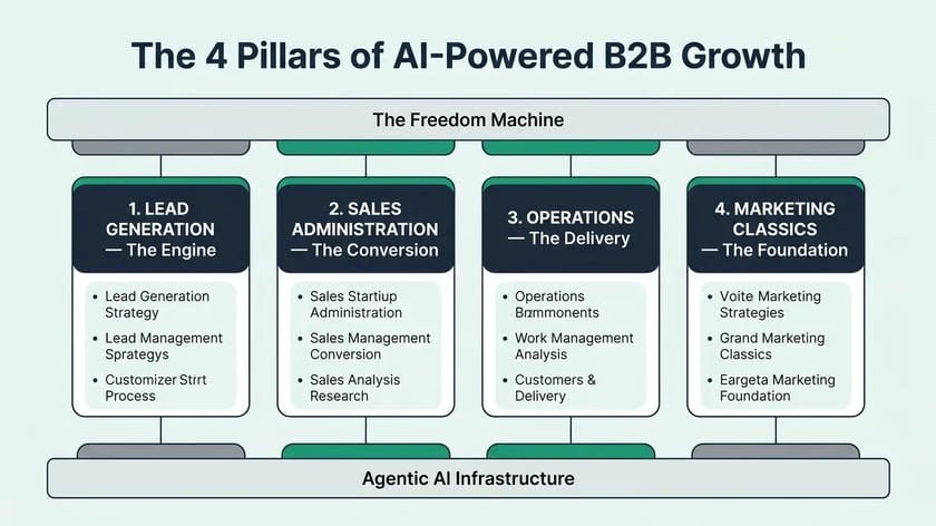 Infographic diagram showing the 4 pillars of AI-powered B2B growth integrated into a Freedom Machine operating system