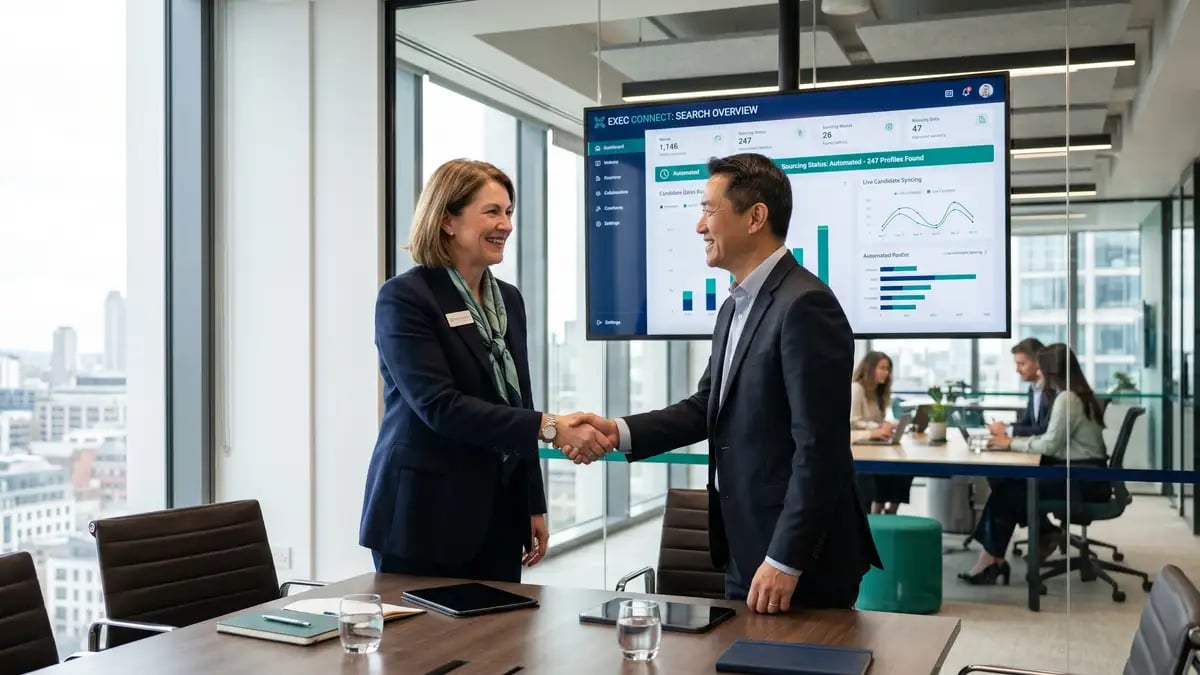 A senior executive search consultant in a relationship-driven client meeting while automation handles sourcing in the background