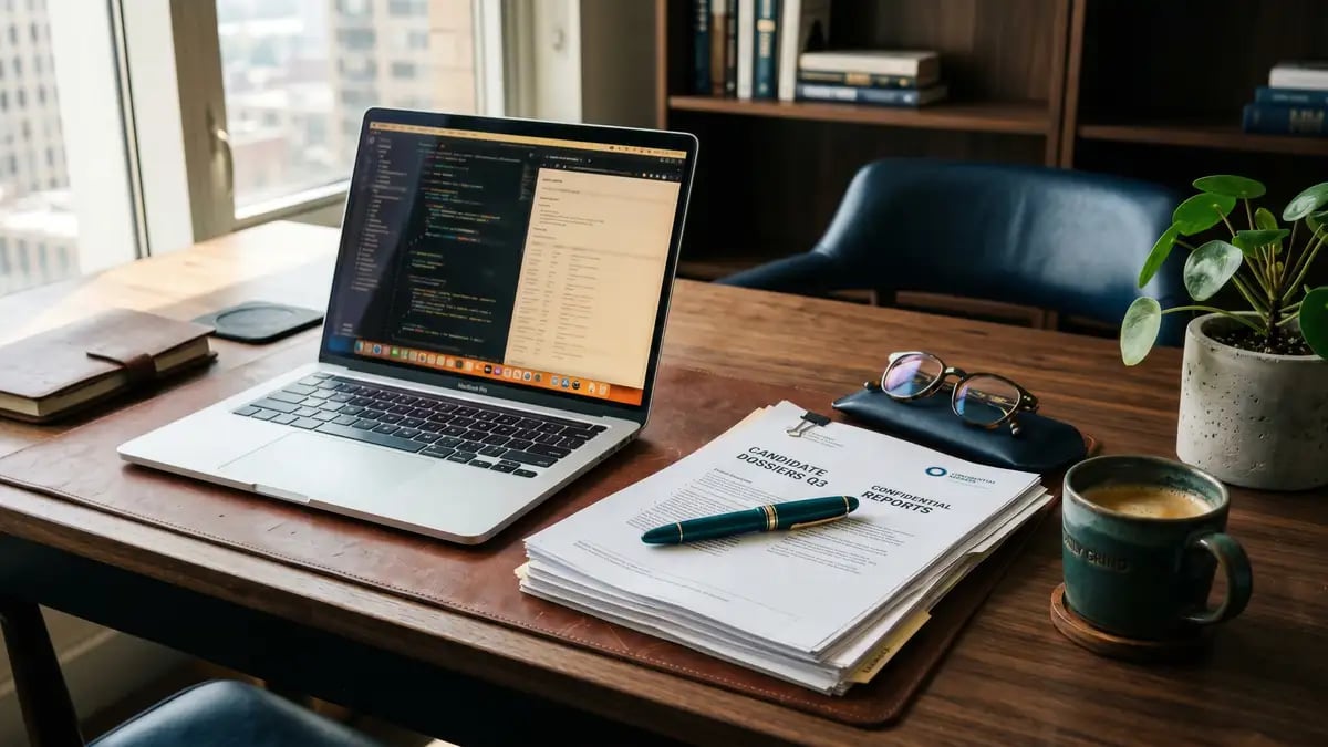 A premium executive desk with candidate reports and a laptop, representing how clients research recruiters