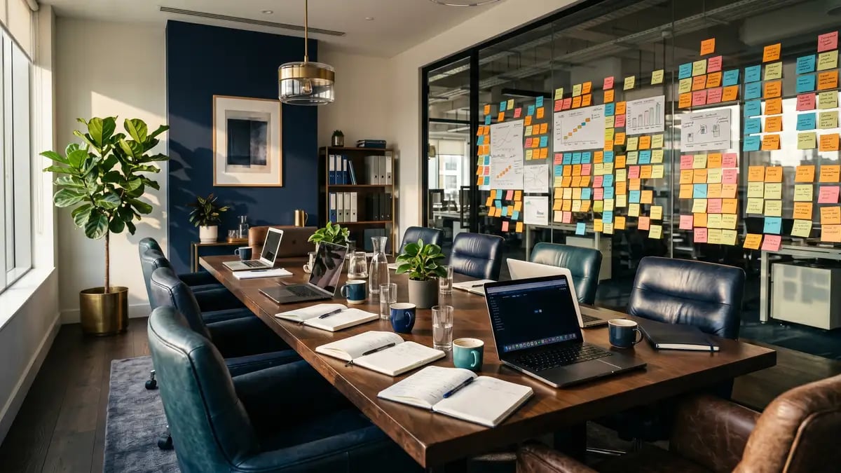 An elegant executive search firm boardroom with candidate shortlists, representing how AI selects which firms to name