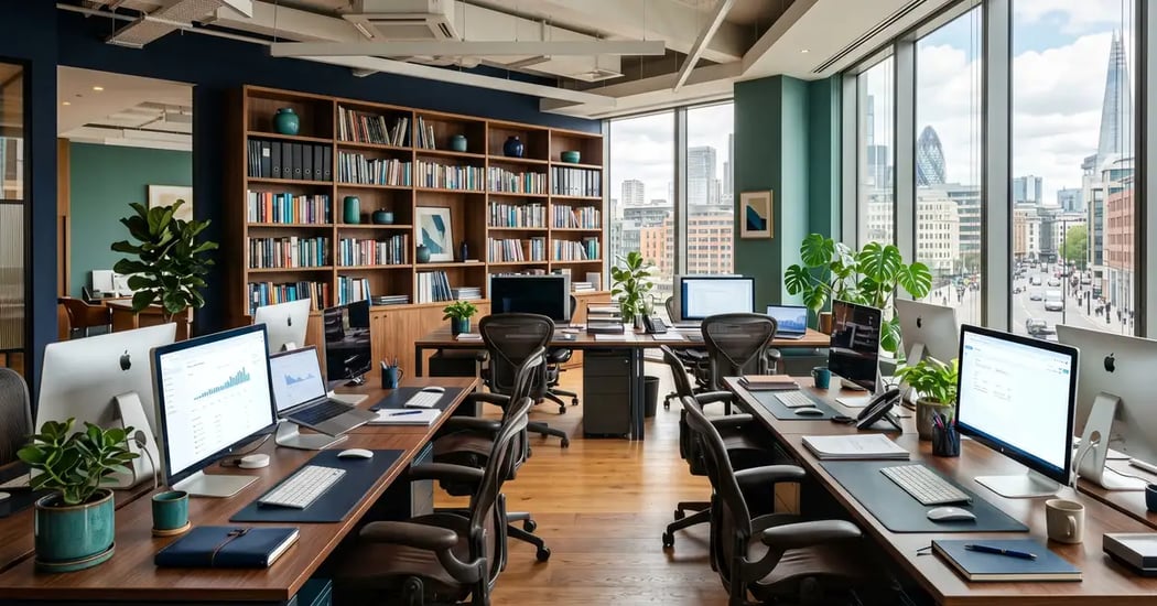An elegant executive search firm office, representing recruiters losing pipeline to AI search shortlists