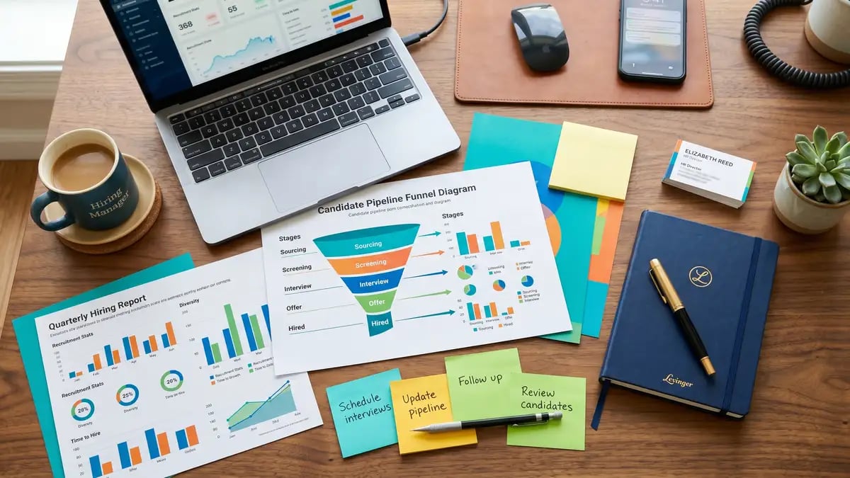 An executive desk with a candidate pipeline funnel diagram, illustrating where AI intercepts recruiting demand