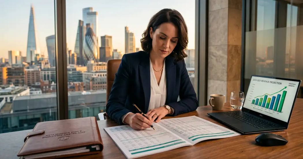 Recruitment agency founder reviewing a 3-year financial model and business plan at a polished walnut desk with London financial district skyline at golden hour