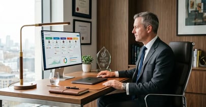 Managing Director of a boutique executive search firm reviewing recruitment CRM software dashboard with candidate pipeline and mandate stages in a sunlit private office
