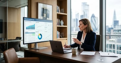 Managing director of a boutique executive search firm reviewing firm-level P&L dashboard showing revenue per recruiter, gross margin, and EBITDA metrics