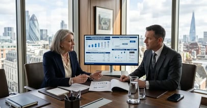 Senior executive search firm Managing Director reviewing a valuation report with an M&A advisor showing EBITDA multiple analysis in a London Mayfair boardroom