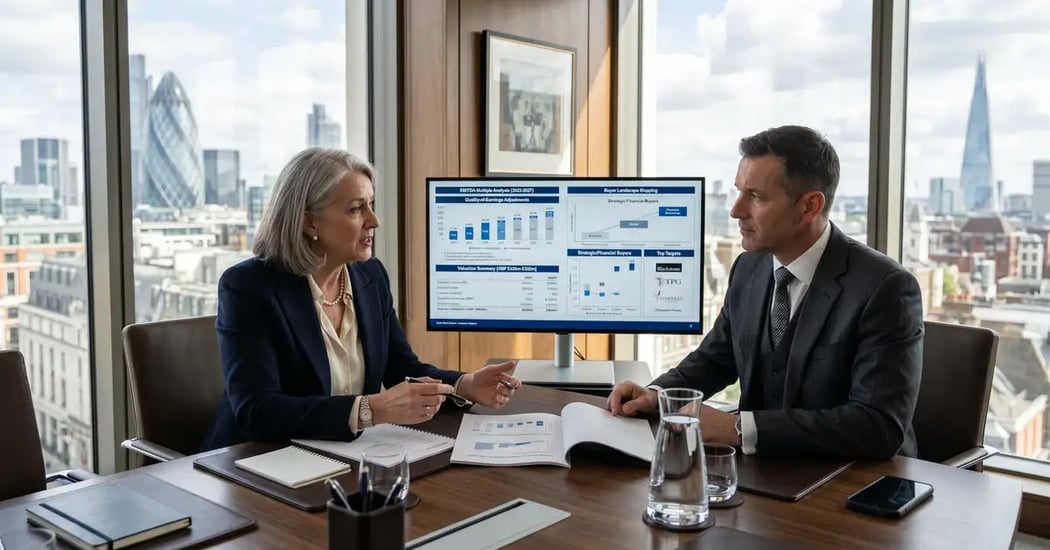 Senior executive search firm Managing Director reviewing a valuation report with an M&A advisor showing EBITDA multiple analysis in a London Mayfair boardroom
