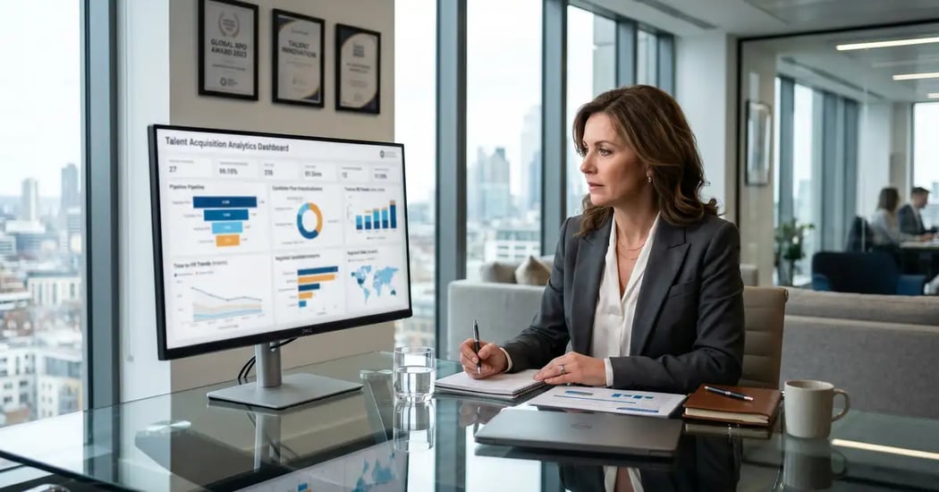 Managing director of a global recruitment process outsourcing firm reviewing talent acquisition analytics dashboard in a modern executive office