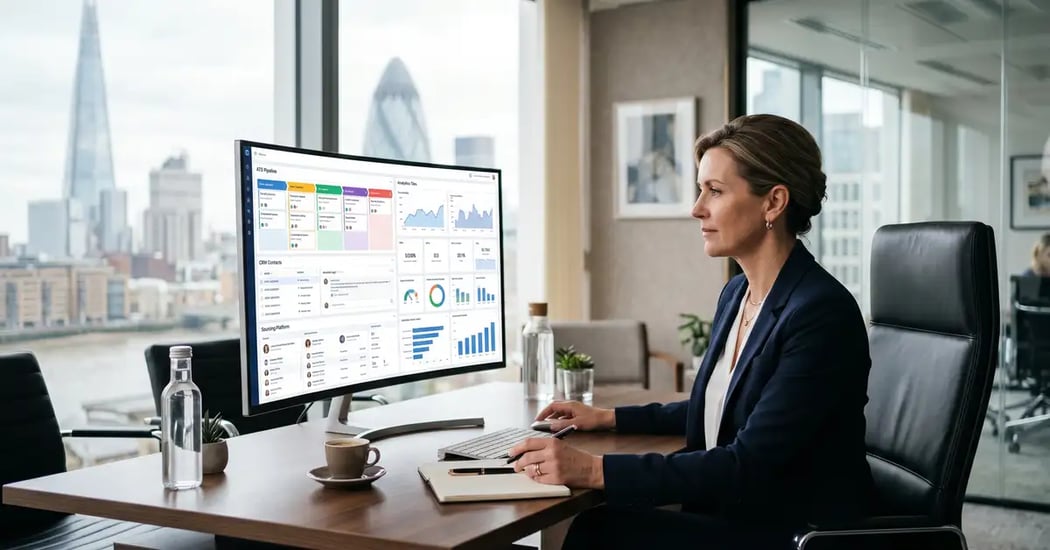 Managing director of boutique executive search firm reviewing integrated recruitment technology stack dashboard showing ATS pipeline, CRM contacts, sourcing results, and analytics tiles