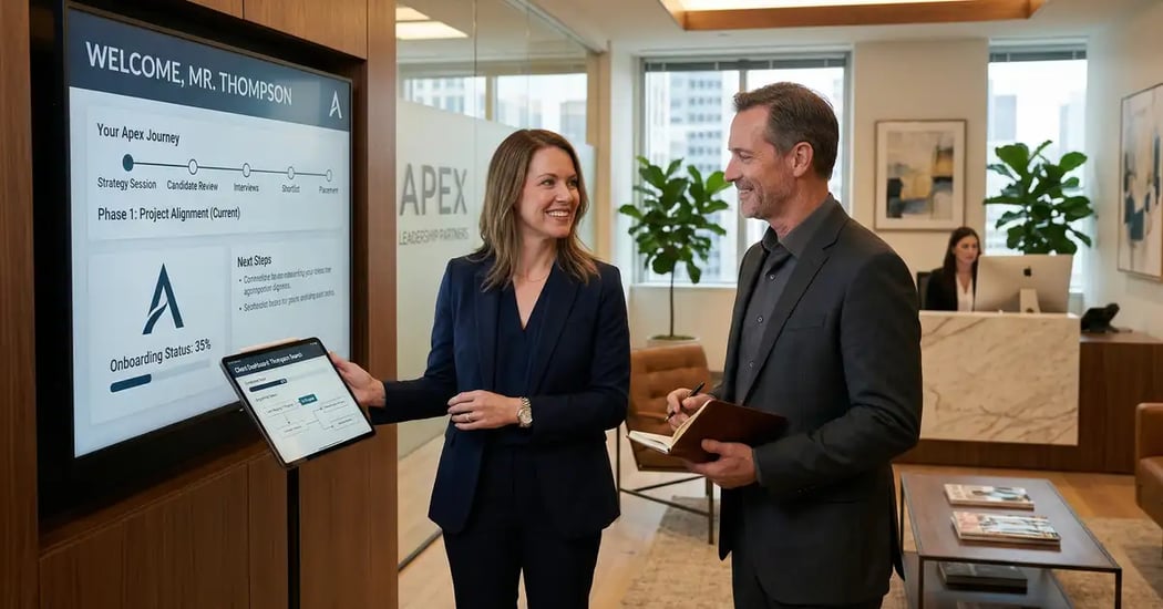 Professional client onboarding workspace with automated dashboard showing time to value metrics and milestone tracking for B2B service delivery