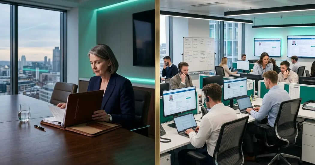 Split-composition photograph contrasting retained executive search (left, partner with confidential dossier) with contingency recruiting (right, busy multi-recruiter office) representing two distinct executive hiring philosophies