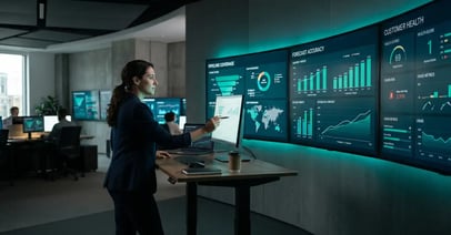 Modern revenue operations command center with three dashboards showing pipeline coverage, forecast accuracy, and customer health metrics in a B2B SaaS RevOps function