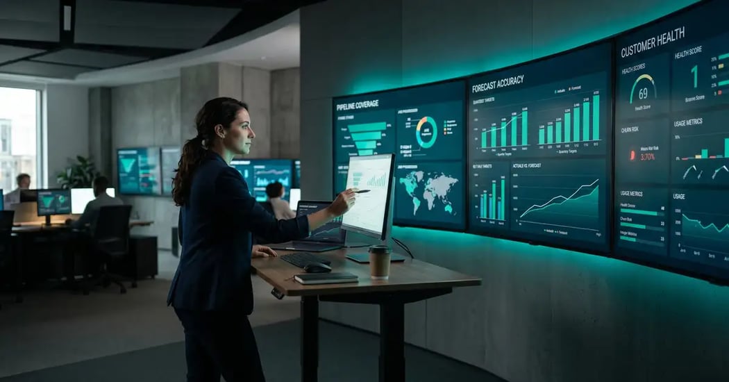 Modern revenue operations command center with three dashboards showing pipeline coverage, forecast accuracy, and customer health metrics in a B2B SaaS RevOps function
