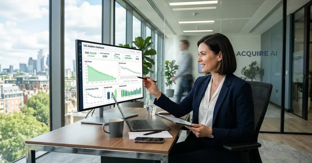 SaaS CEO reviewing AI-powered customer acquisition cost dashboard showing 50 percent CAC reduction metrics