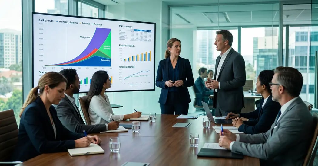 B2B SaaS CFO and CEO presenting a board-deck slide showing financial projections to investors in a glass boardroom with ARR growth curves and scenario lines on a wall display