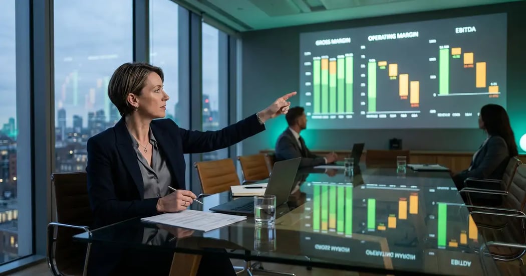 B2B SaaS CFO at a glass boardroom table reviewing a margin-decomposition dashboard projected on a wall showing gross margin, operating margin, and EBITDA bars in green and amber