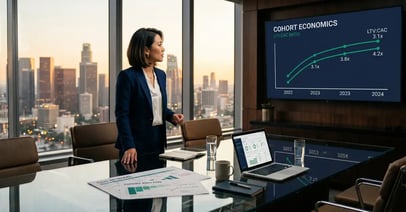 SaaS CEO and CFO analyzing unit economics framework with LTV, CAC, gross margin, and NRR metrics on modern boardroom dashboard