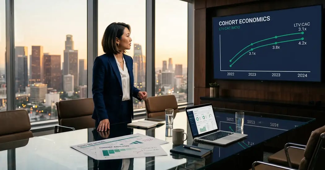 SaaS CEO and CFO analyzing unit economics framework with LTV, CAC, gross margin, and NRR metrics on modern boardroom dashboard