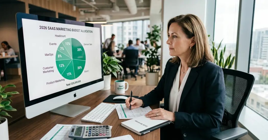 SaaS CMO reviewing 2026 marketing budget pie chart with 7 allocation buckets on large monitor