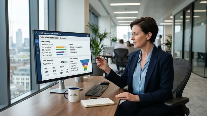 Executive reviewing AI-powered sales automation workflow on desktop showing lead scoring and deal progression