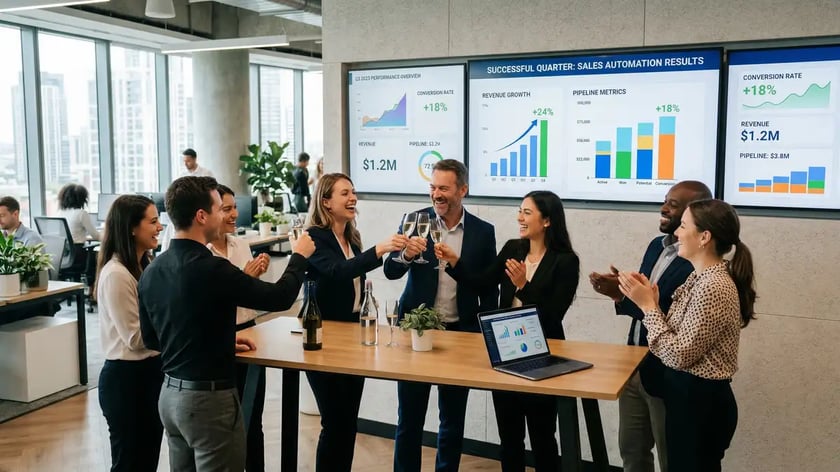 B2B team reviewing sales automation results with revenue growth charts on wall-mounted screens
