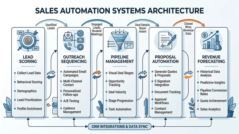 Sales automation systems architecture diagram showing five connected pillars with data flow arrows
