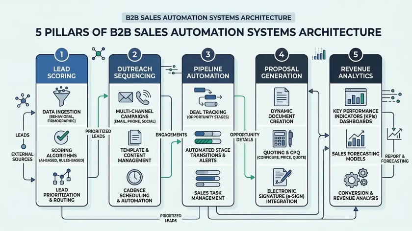 B2B sales automation ROI infographic showing five-pillar framework with lead scoring, outreach sequencing, pipeline management, proposals, and analytics