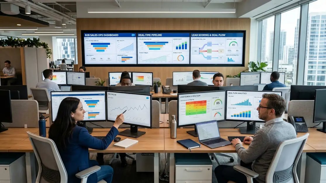 B2B sales automation pipeline dashboard showing automated lead scoring, deal stages, and revenue forecasting across five interconnected pillars
