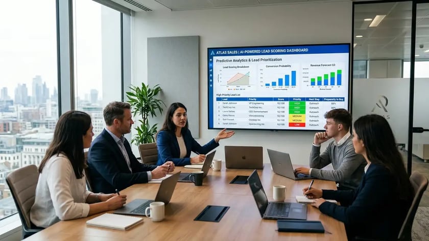 AI-powered lead scoring model showing predictive analytics, behavioral signals, and firmographic data integration for B2B sales automation