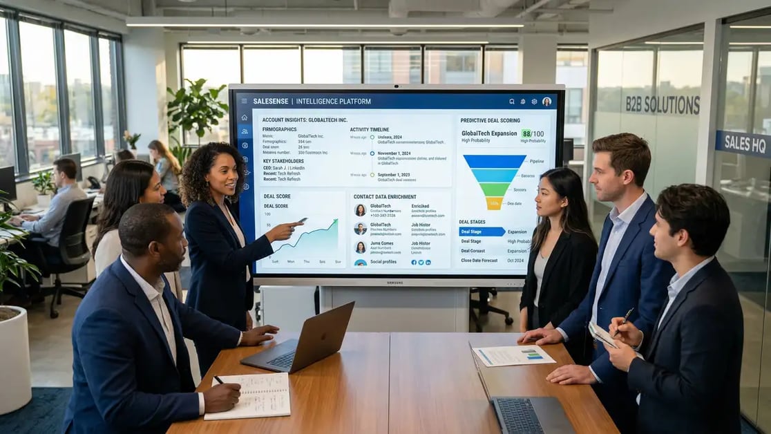 B2B sales team analyzing sales intelligence platform data with account insights and predictive deal scoring on shared screen