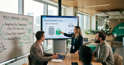 SaaS sales team reviewing dashboard showing sales cycle reduction from 90 to 54 days, multi-threading strategy on whiteboard, peppereffect green accents