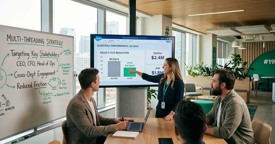 SaaS sales team reviewing dashboard showing sales cycle reduction from 90 to 54 days, multi-threading strategy on whiteboard, peppereffect green accents