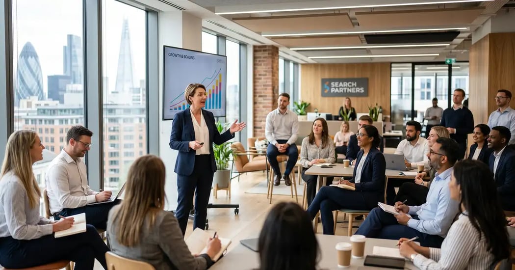 Managing director of a scaling executive search firm leading an all-hands meeting with team of 20+ consultants in a modern open-plan office