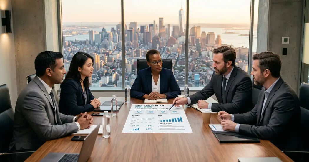 Executive boardroom with one-page strategic plan on conference table representing the Scaling Up OPSP methodology for B2B business scaling