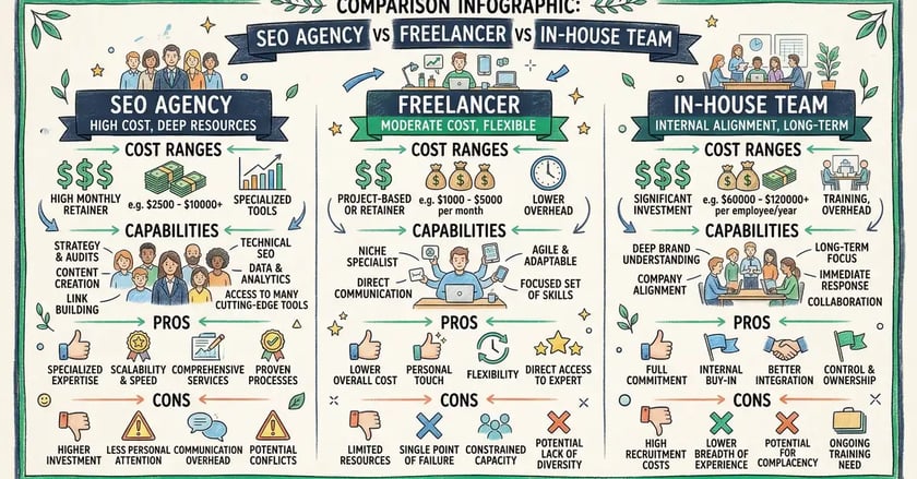 Comparison of SEO agency vs freelancer vs in-house team with costs, capabilities, and pros/cons