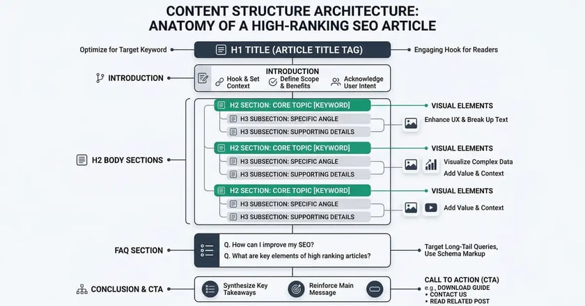 Content structure architecture diagram showing anatomy of a high-ranking SEO article