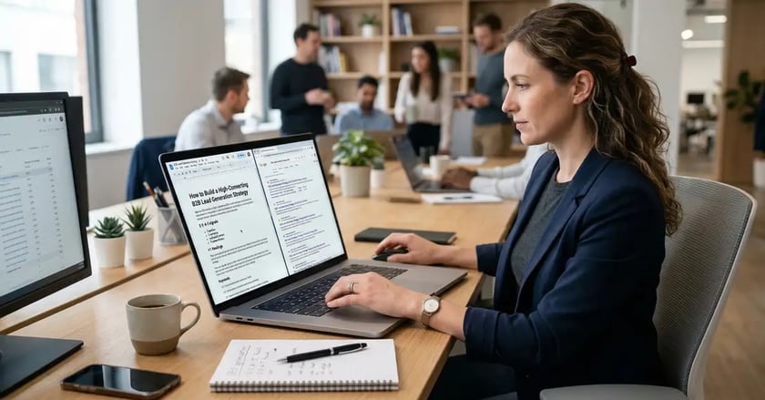 Professional content writer creating SEO-optimized content with split screen showing draft and search results