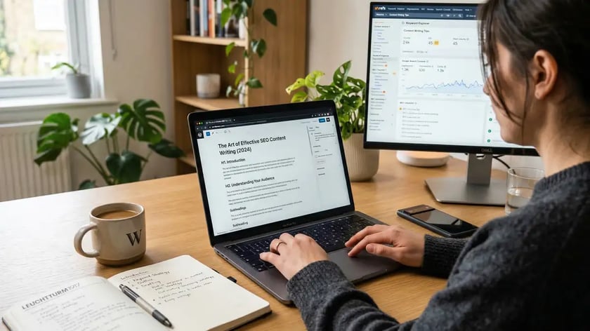 Content writer workspace showing keyword research tools and SEO metrics on dual monitors with structured blog post outline