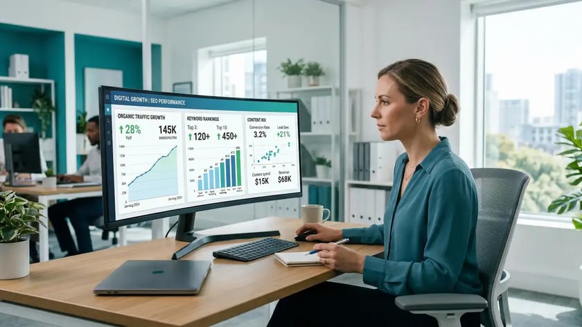 Marketing professional analyzing SEO performance metrics showing organic traffic growth and keyword ranking improvements on dashboard