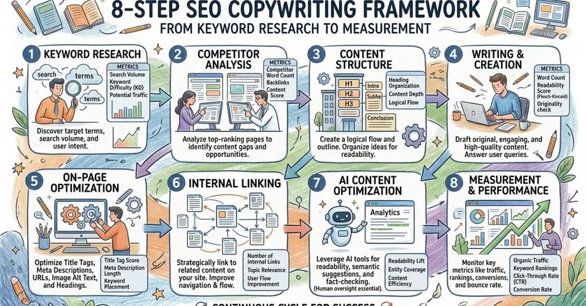 Infographic showing 8-step SEO copywriting framework with icons and performance metrics