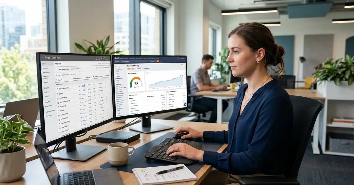 Professional marketer analyzing keyword research and SEO copywriting data on dual monitors