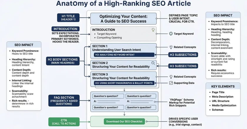 Technical diagram showing optimal SEO copywriting article structure with sections and hierarchy