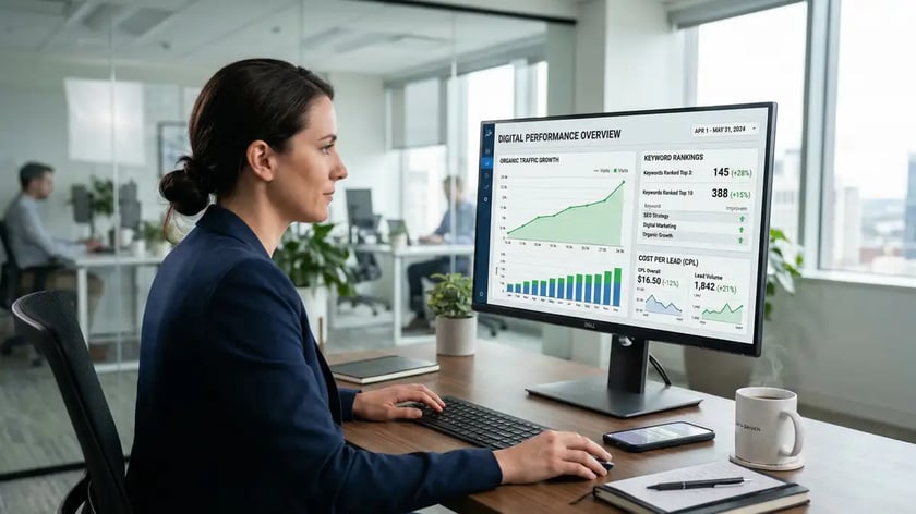 SEO analytics dashboard showing organic traffic growth chart, keyword ranking improvements, and cost per lead metrics