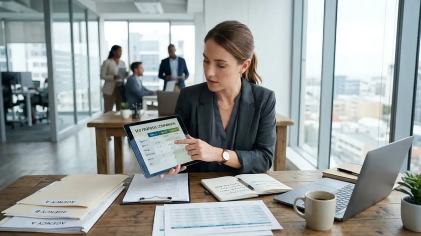 Business professional comparing SEO agency proposals and pricing sheets on tablet in modern office setting