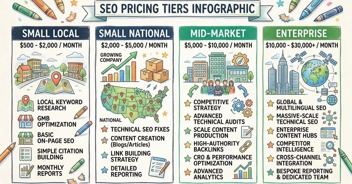 SEO pricing tiers infographic from small local to enterprise with cost ranges and scope