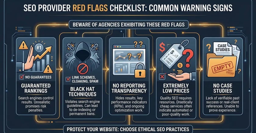 SEO provider red flags checklist showing warning signs to watch for when evaluating agencies