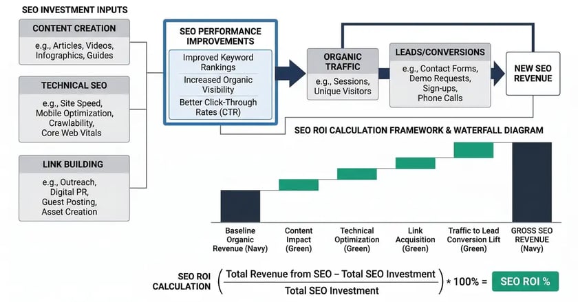 SEO ROI calculation framework showing investment inputs flowing to traffic, leads, and revenue