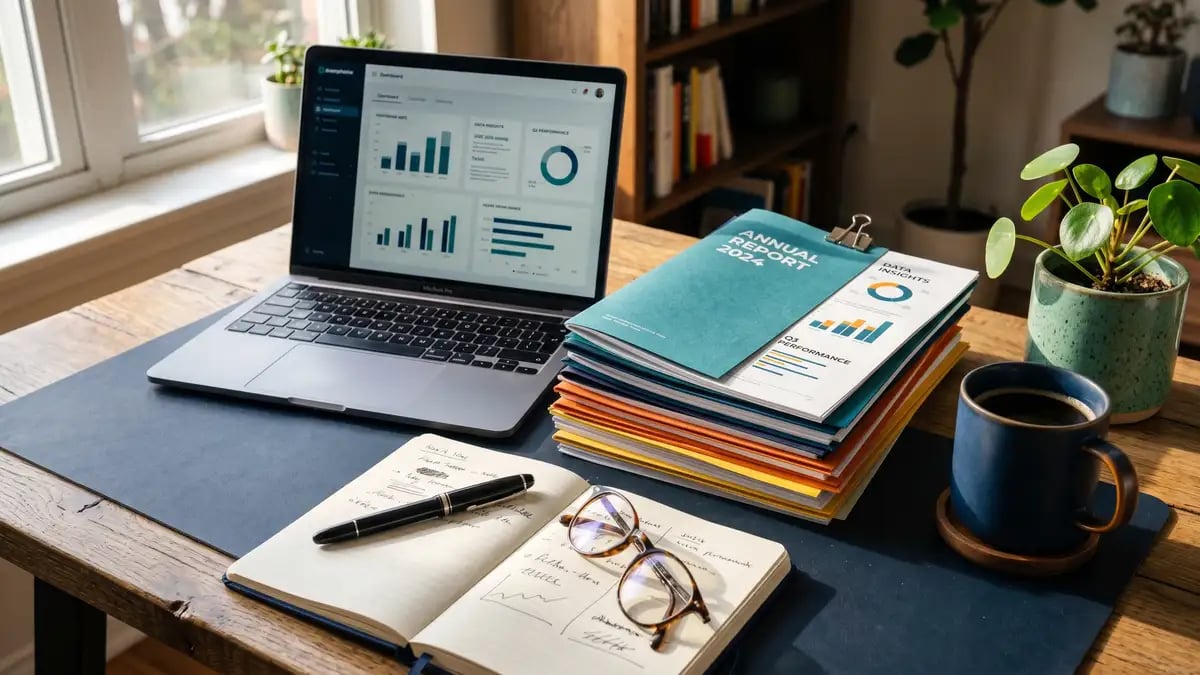 A desk with a laptop and performance reports, representing measuring how often AI models mention a brand