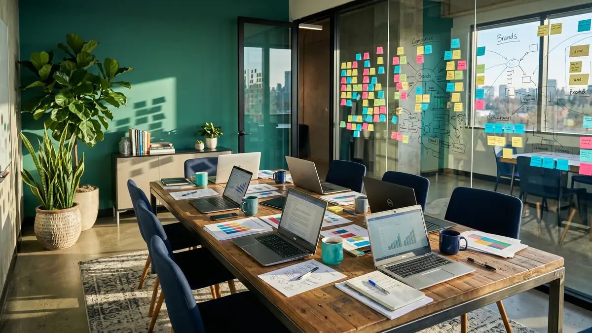 A modern meeting room with a glass wall of brand comparison diagrams, representing what drives AI brand visibility
